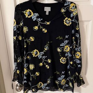 Susan Graver Black V-neck Floral Embroidered Mesh Top Lined Liquid Knit Small